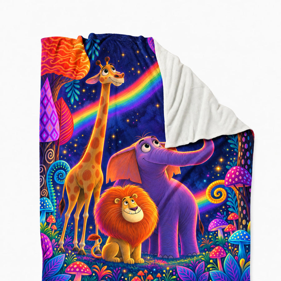 Jungle kids' fleece blanket, 30 x 40 inches, with the design from Magikast's jungle storybook